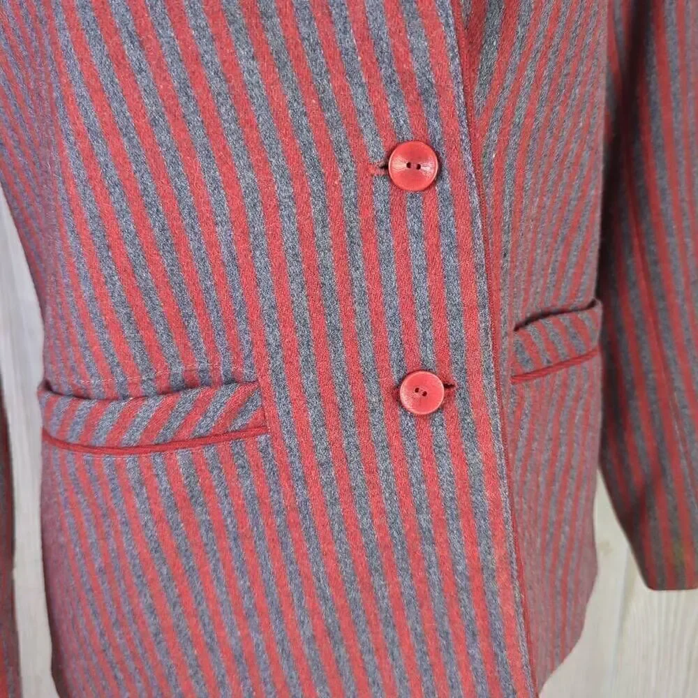 Marnie Womens Size 10 Two Button Closure Suit Jacket Red Blue Pinstripe Pockets